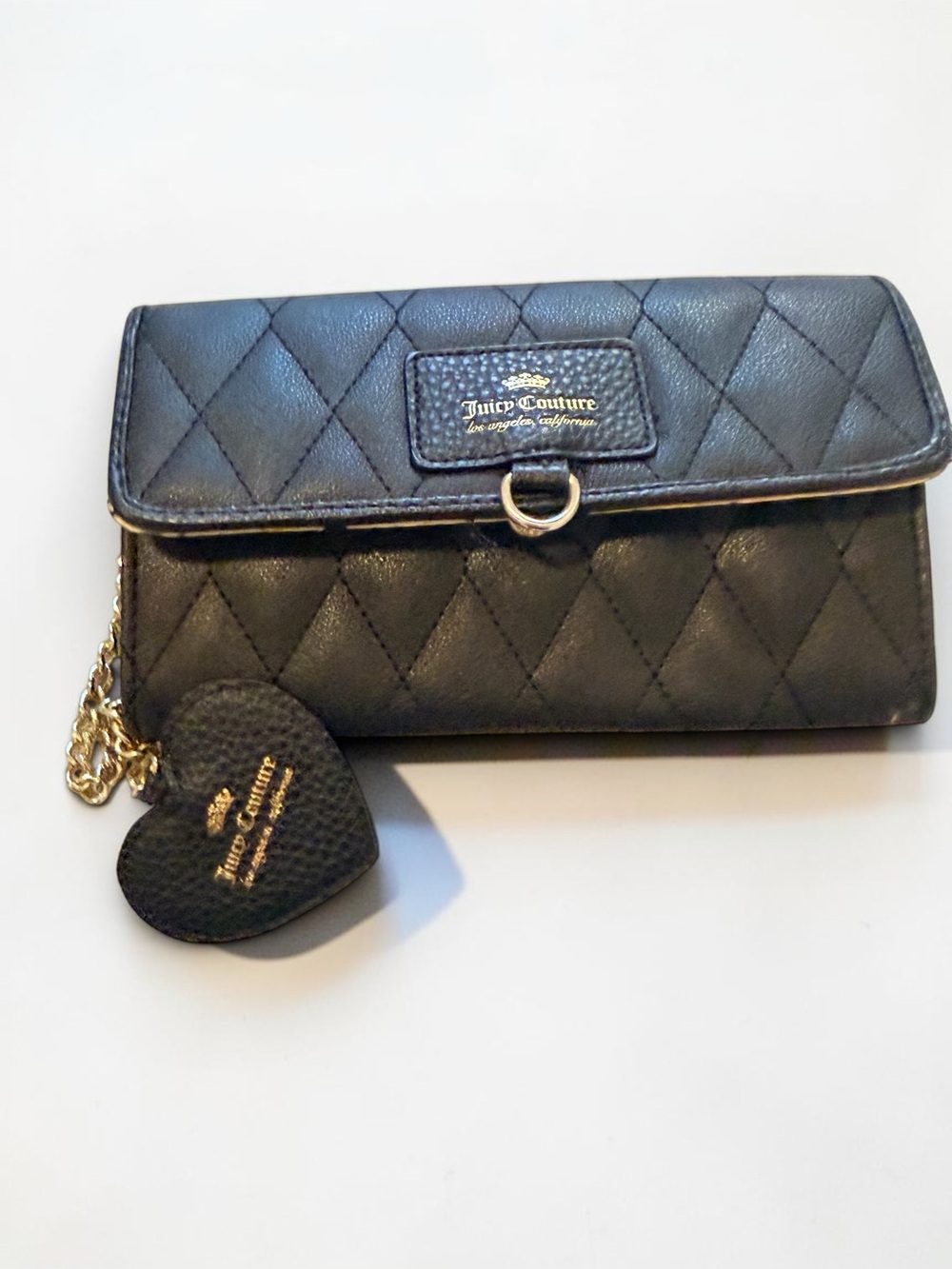 Juicy Couture Black Quilted Wallet Clutch w/ Heart Charm & Chain Accent